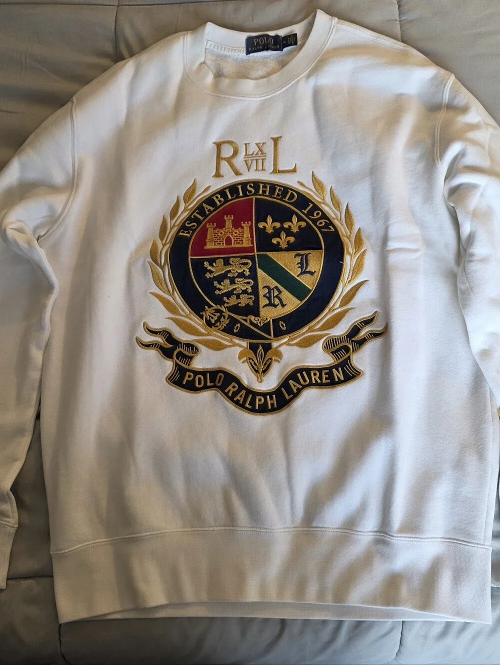 Polo by Ralph Lauren White Crest Sweatshirt with Gold, Navy & Red Emblem